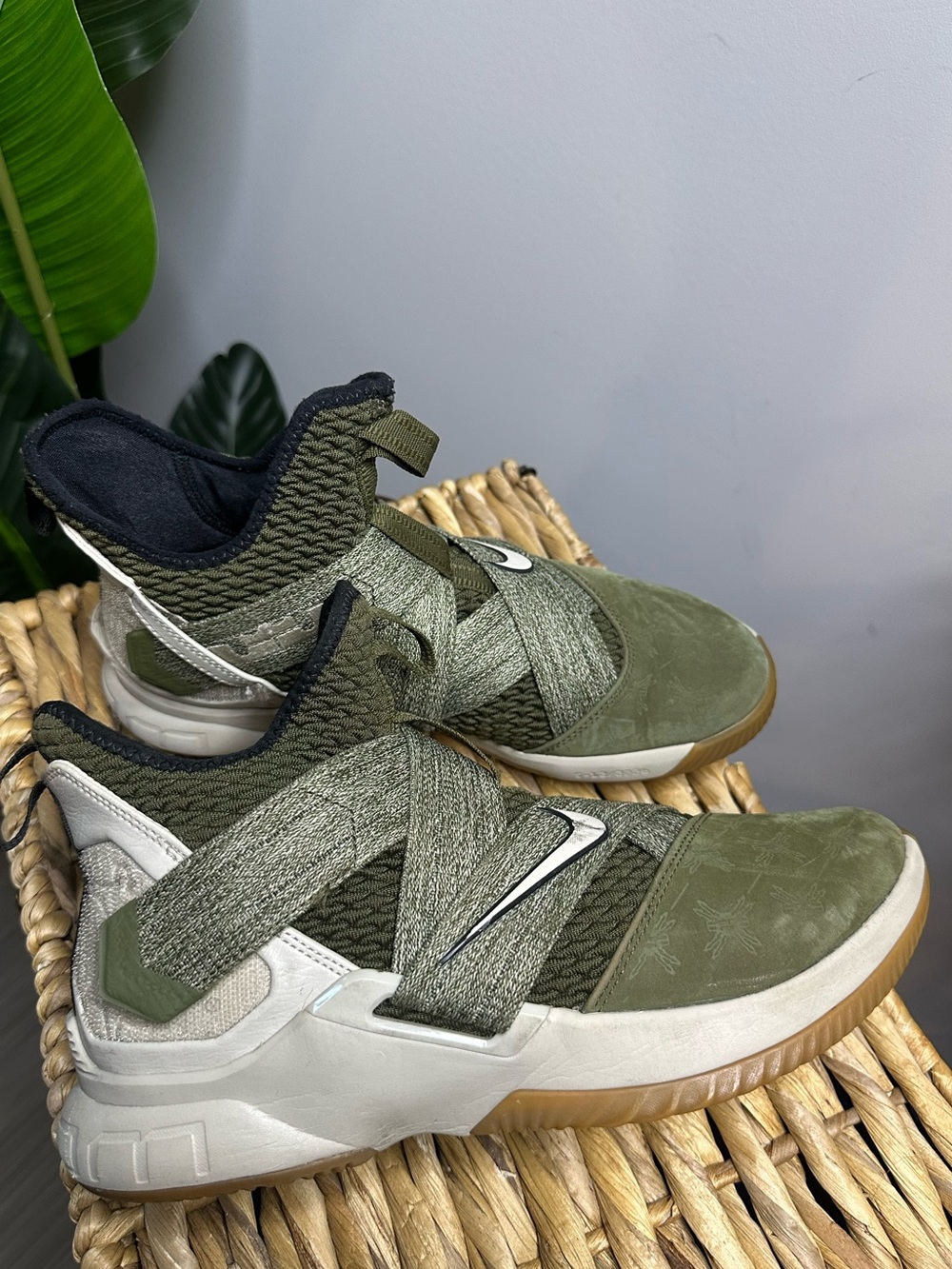 Nike Olive Green and Gum-Soled Cross-Strap Athletic Sneakers